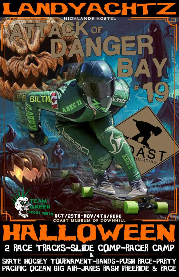 PENDER HARBOUR DEFENDING CHAMPION DANGER DANE SHUT THE MOUTHS OF ANY DOUBTERS THAT HE WAS ACTUALLY THIS DANGEROUS BY LEADING A PENDER HARBOUR PODIUM SWEEP IN 2018 THEN WINNING IT ALL AGAIN AGAINST THE WORLDS BEST IN 2019!!!!! THIS BRINGS US TO THE 19TH ANNUAL IN 2020!!!! YOU'LL NEED TO CLAW YOUR WAY THROUGH THE PENDER HARBOUR LOCALS LEAD BY TEAM GREEN!!! TEAM IRENE!! AND EVERY OTHER COAST LONGBOARDER IF YOU WANT YOUR CHANCE AT JOINING THE LEGENDARY DANGER BAY CHAMPIONS!!!!  ATTACK OF DANGER BAY IS A DOWNHILL LONGBOARD RACE & FESTIVAL HELD IN PENDER HARBOUR, A SMALL FISHING VILLAGE ON THE SUNSHINE COAST OF BRITISH COLUMBIA THAT'S BEEN RUNNING 19 FUCKIN YEARS MAKING IT THE LONGEST RUNNING, OLDEST RUNNING DOWNHILL RACE IN THE ENTIRE WORLD PAYING OUT THE RACERS PRIZE MONEY!!  ITS A 6 DAY EVENT THAT SKATES YOU INTO DEPRESSION!! WE SHUT DOWN TWO RACE STRIPS AND BUILD TWO SICK GAME CHANGING TRACKS TO RACE AND FREERIDE ALL DAY!!  WE HOST A SLIDE COMPETITION!! AN EIGHT TEAM SKATE HOCKEY TOURNAM on COASTLONGBOARDING.COM